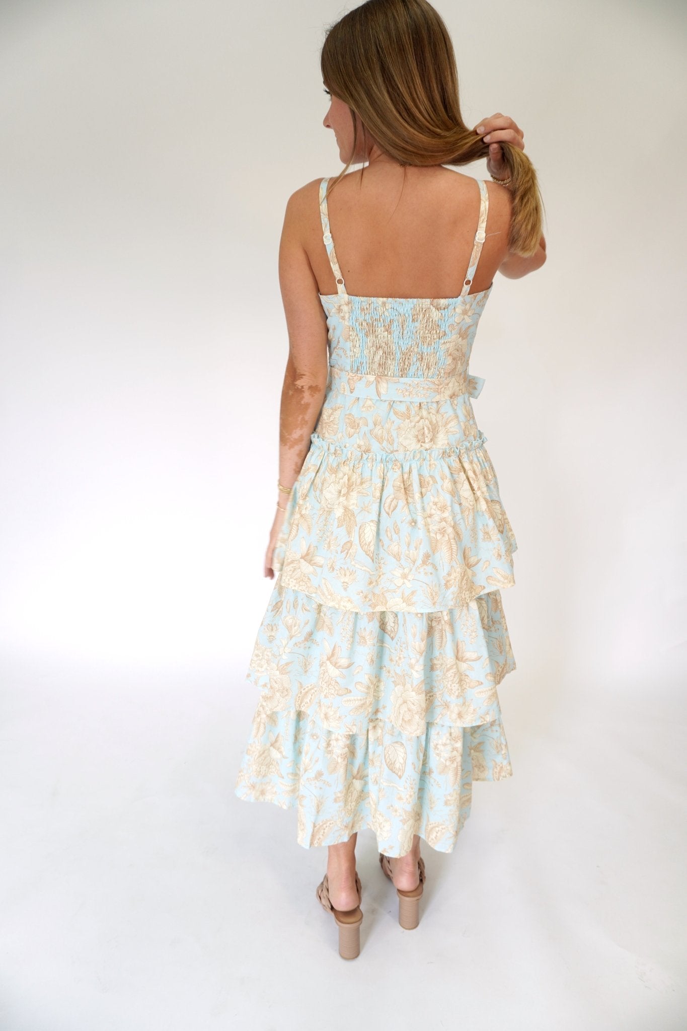 Aria Floral Tiered Ruffle Midi Dress – Blue - Anderson Ave boutique