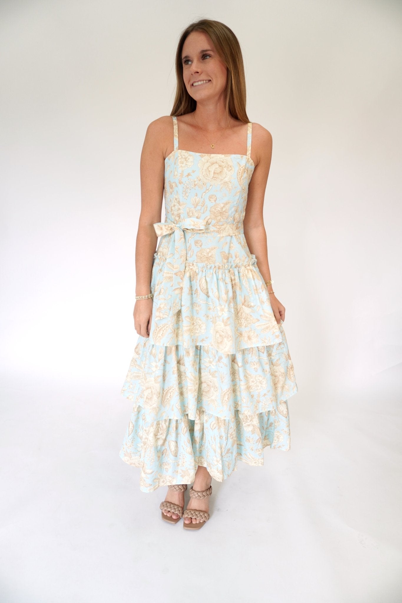 Aria Floral Tiered Ruffle Midi Dress – Blue - Anderson Ave boutique