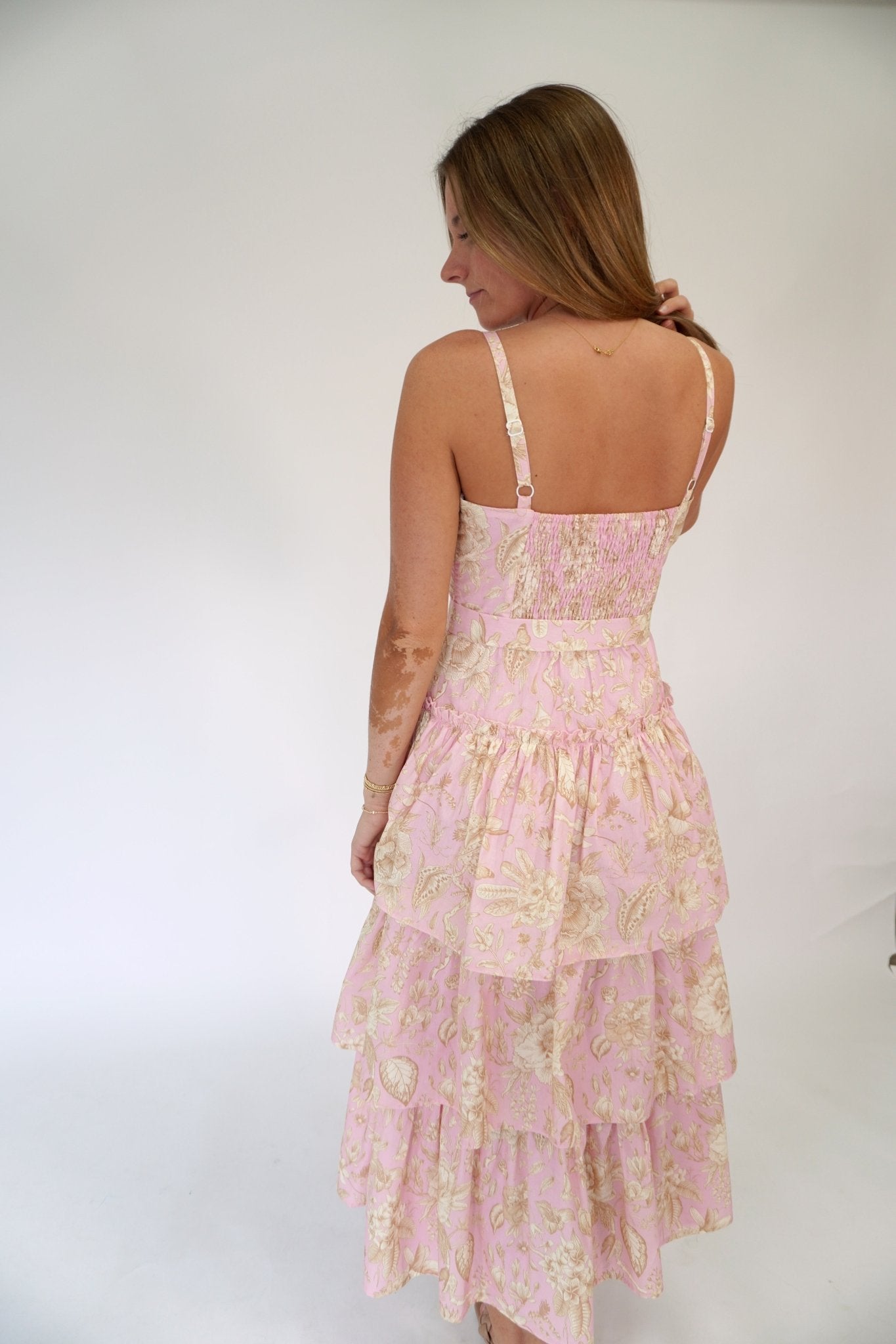 Aria Floral Tiered Ruffle Midi Dress – Pink - Anderson Ave boutique