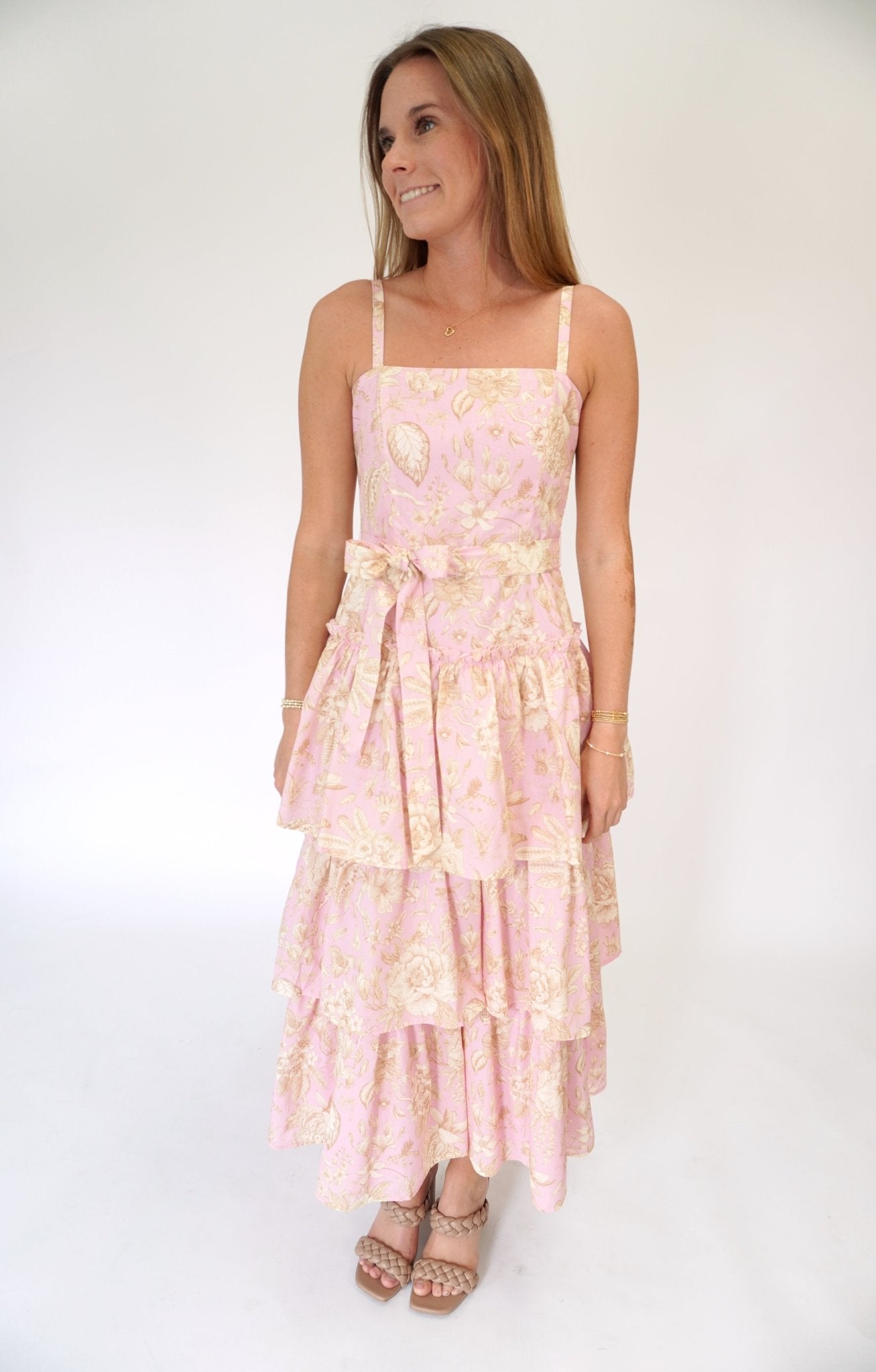 Aria Floral Tiered Ruffle Midi Dress – Pink - Anderson Ave boutique