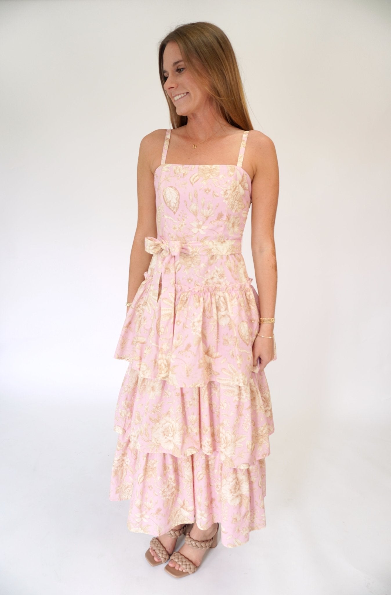 Aria Floral Tiered Ruffle Midi Dress – Pink - Anderson Ave boutique