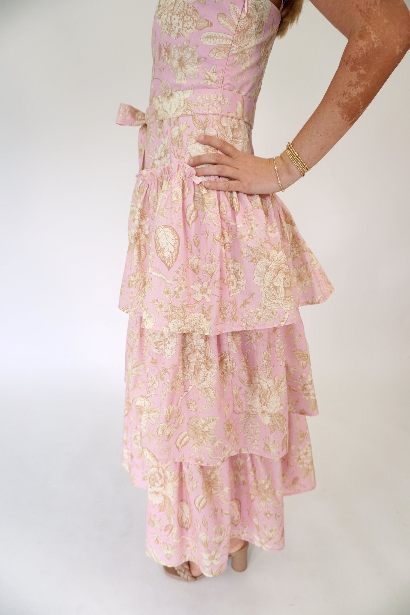 Aria Floral Tiered Ruffle Midi Dress – Pink - Anderson Ave boutique