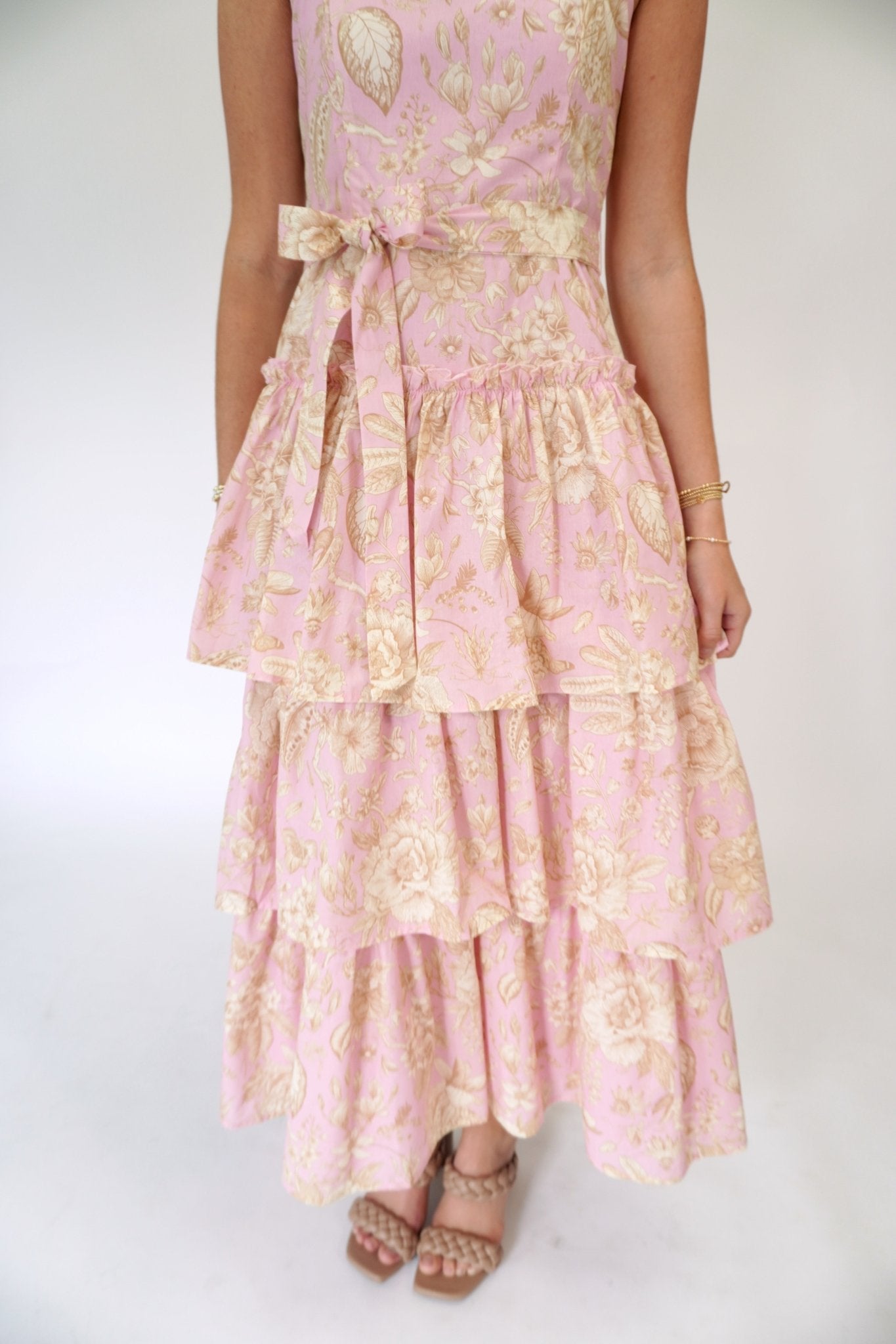 Aria Floral Tiered Ruffle Midi Dress – Pink - Anderson Ave boutique