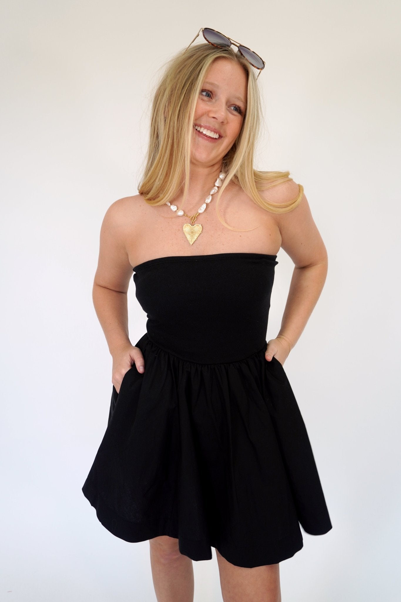 Aria Ribbed Strapless Mixed - Media Fit & Flare Mini Dress - Black - Anderson Ave boutique