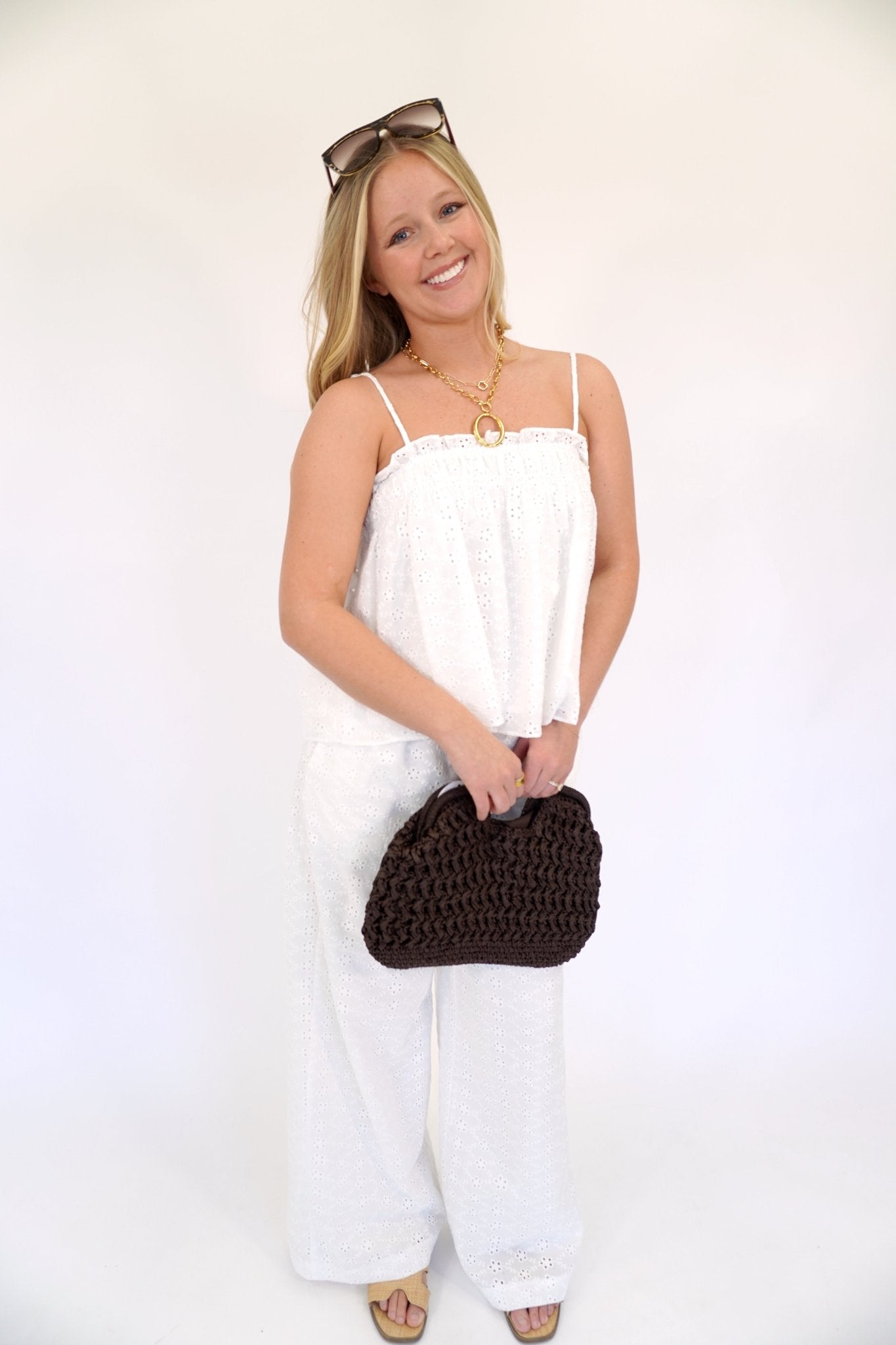 Aria White Eyelet Camisole & Wide - Leg Pant Set - Anderson Ave boutique