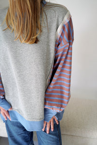 Avery Mixed Stripe Sleeve Heather Gray Pullover – Colorblock Sweatshirt - Anderson Ave boutique
