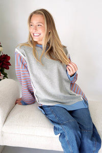 Avery Mixed Stripe Sleeve Heather Gray Pullover – Colorblock Sweatshirt - Anderson Ave boutique