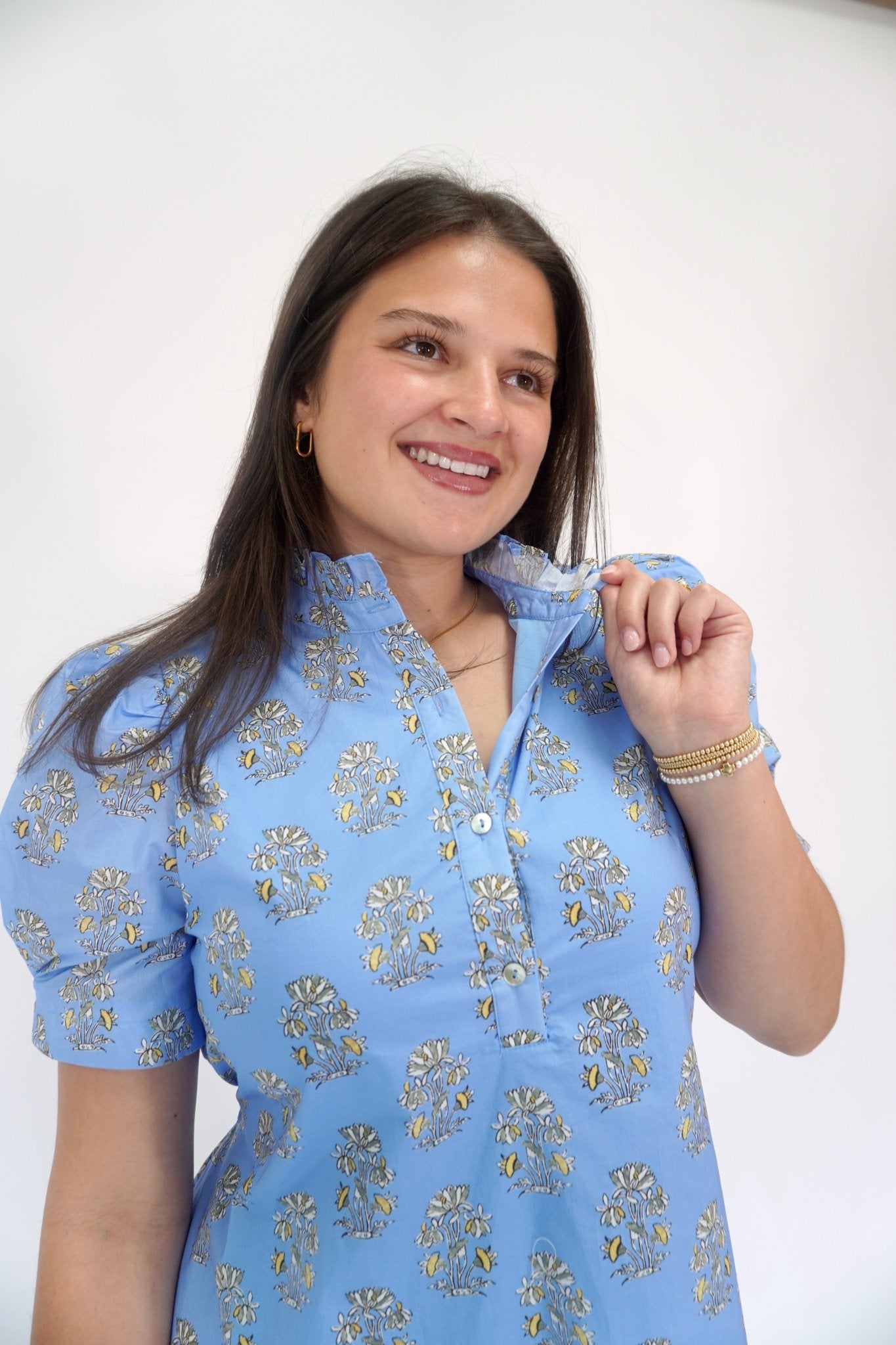 Azure Bloom Floral Puff Sleeve Mini Dress - Blue - Anderson Ave boutique