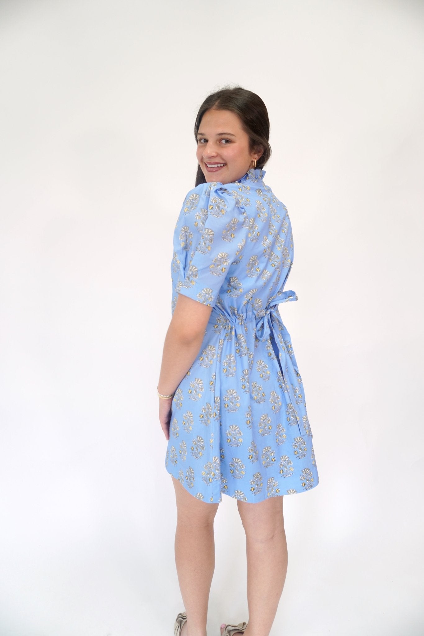 Azure Bloom Floral Puff Sleeve Mini Dress - Blue - Anderson Ave boutique