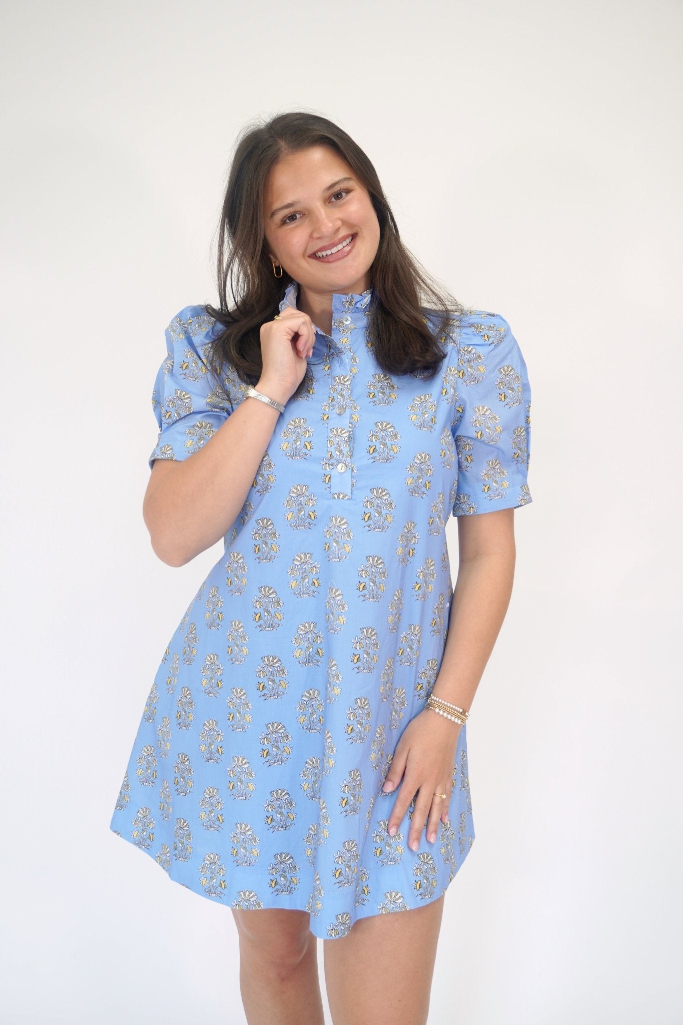 Azure Bloom Floral Puff Sleeve Mini Dress - Blue - Anderson Ave boutique