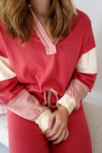 Bailey Cozy Coral Stripe Lounge Set – Two - Piece Soft Knit Pants Set - Anderson Ave boutique