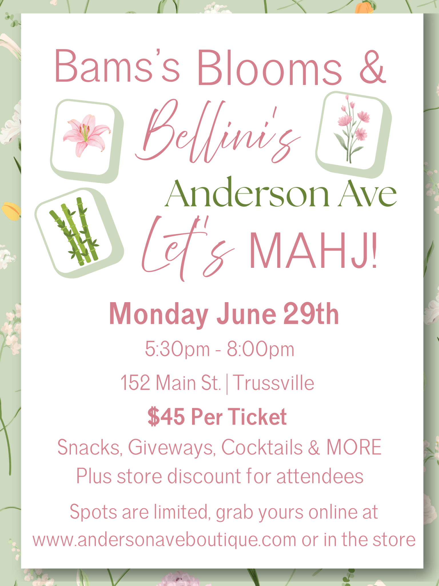 Bams, Blooms & Bellinis Mahjong Night Ticket – June 29th - Anderson Ave boutique
