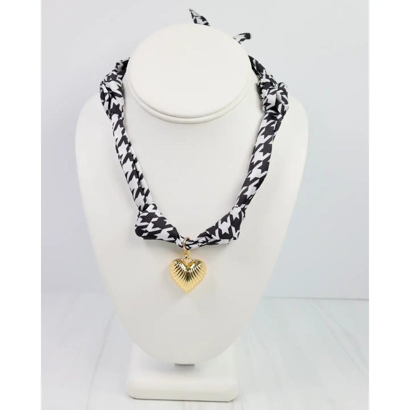Black and White Houndstooth Scarf Necklace with Gold Heart Pendan - Anderson Ave boutique