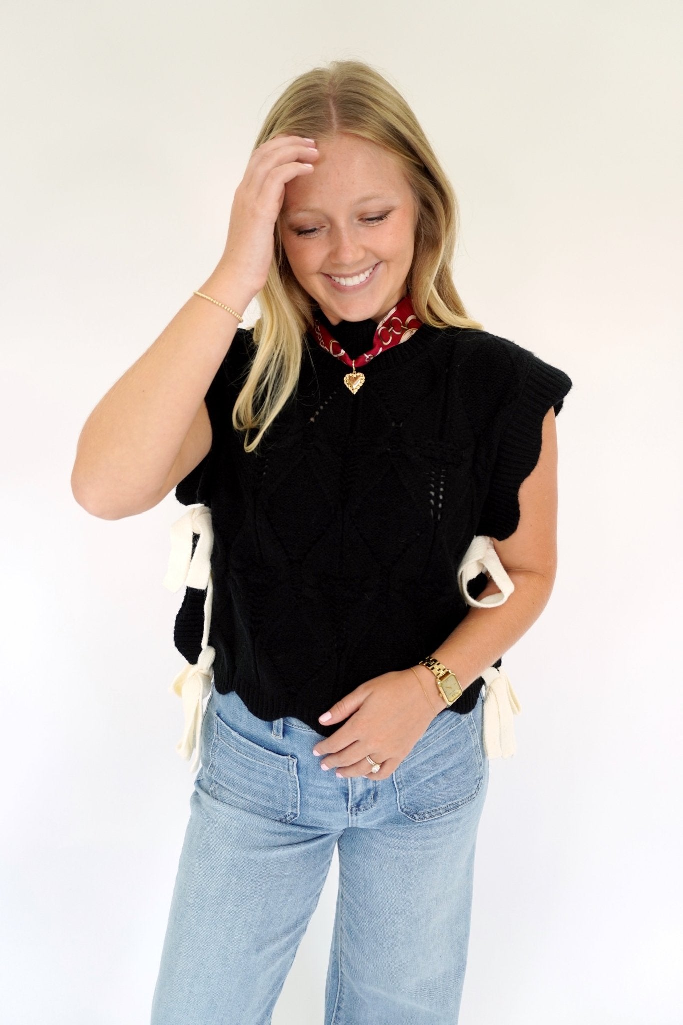 Black Knit Sweater Vest with White Bow Ties - Anderson Ave boutique