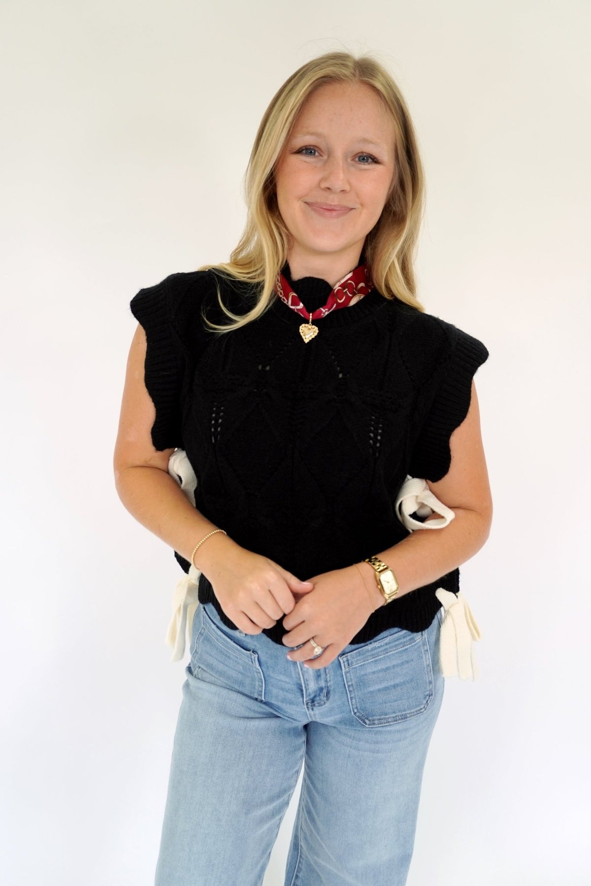 Black Knit Sweater Vest with White Bow Ties - Anderson Ave boutique