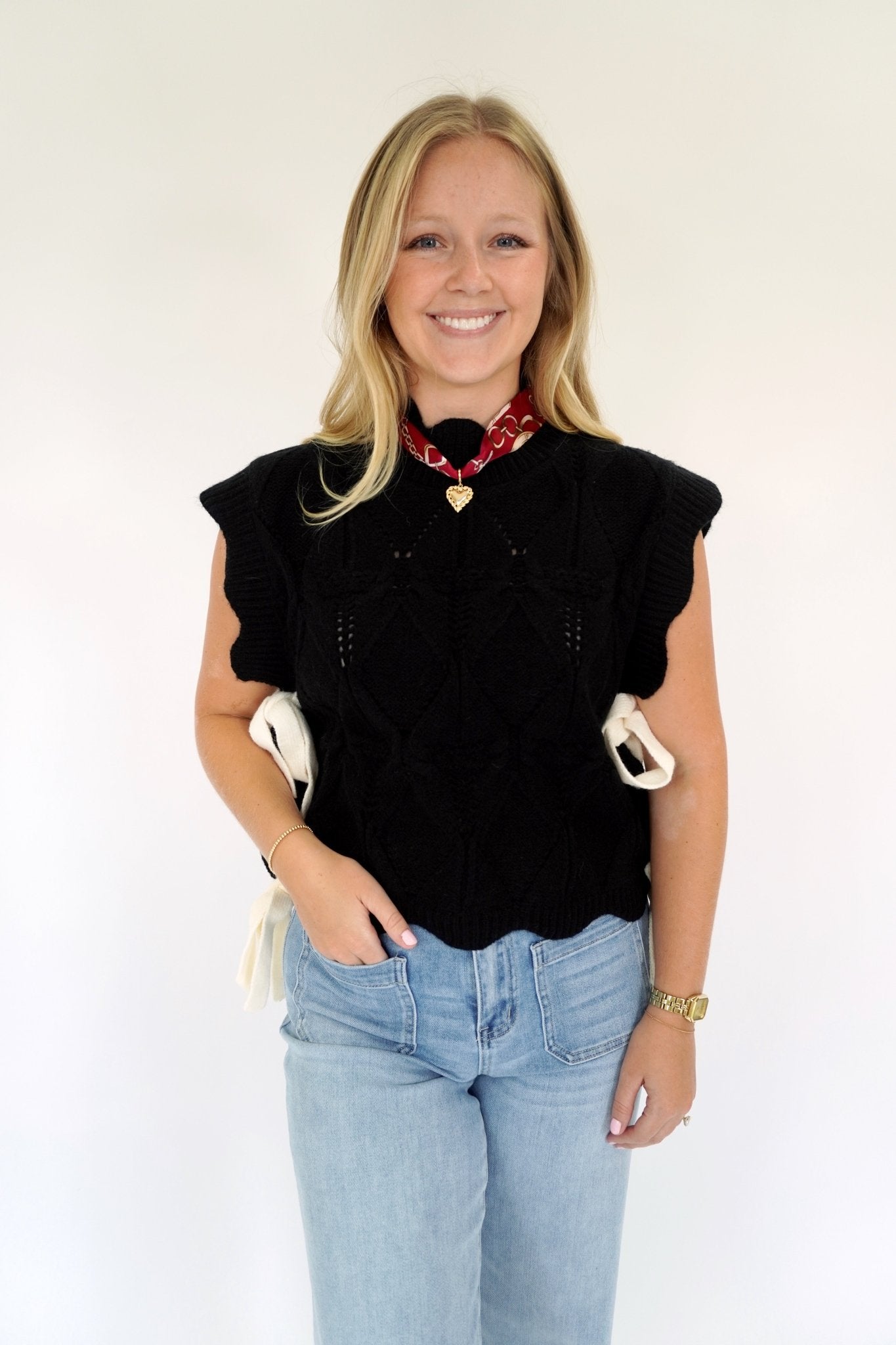 Black Knit Sweater Vest with White Bow Ties - Anderson Ave boutique