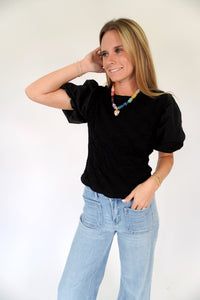 Black Puff Sleeve Textured Top - Anderson Ave boutique