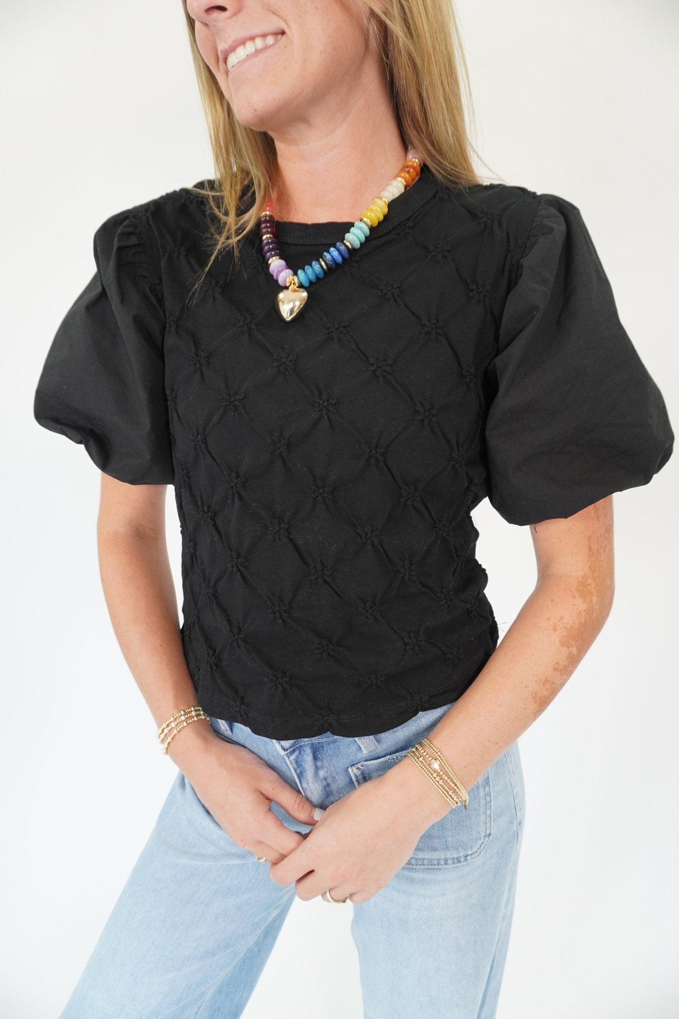 Black Puff Sleeve Textured Top - Anderson Ave boutique