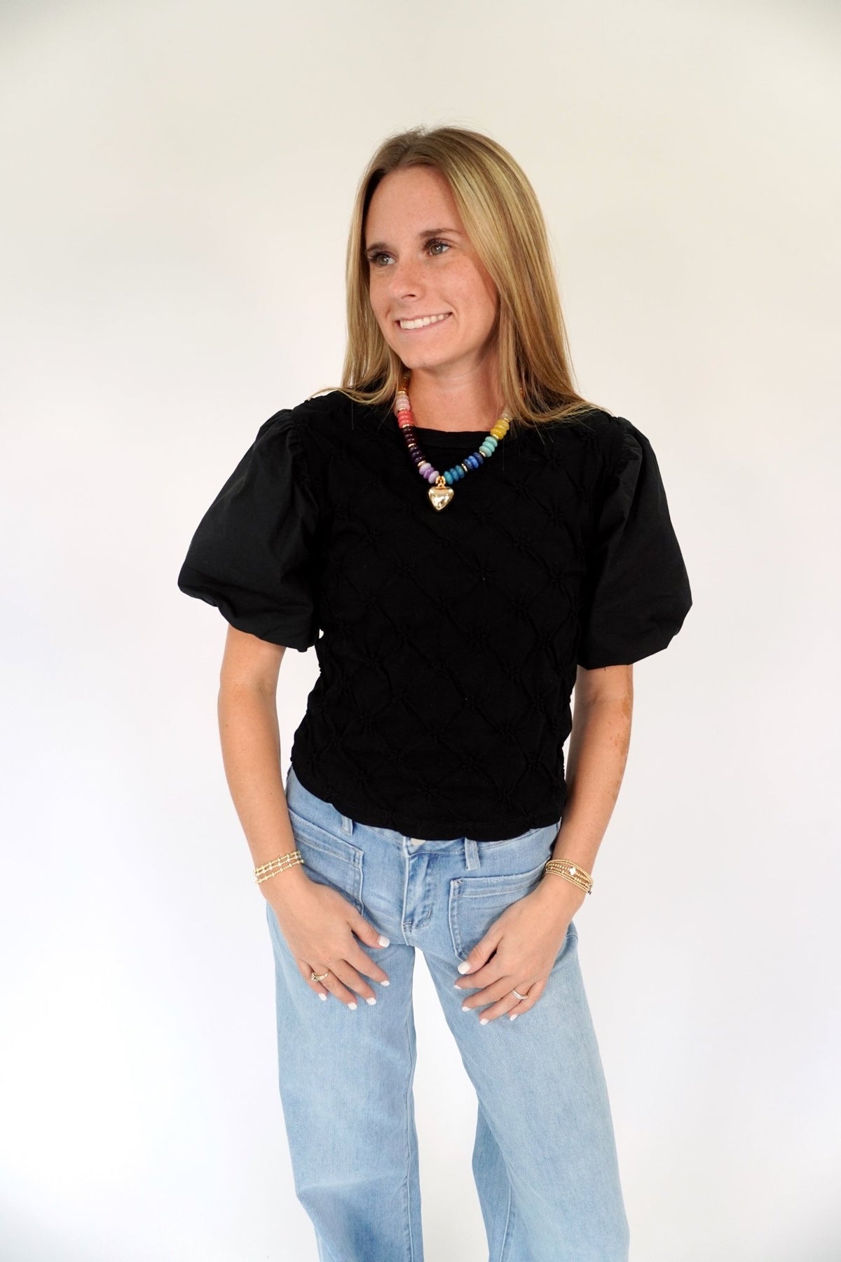 Black Puff Sleeve Textured Top - Anderson Ave boutique
