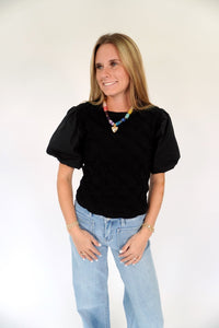 Black Puff Sleeve Textured Top - Anderson Ave boutique