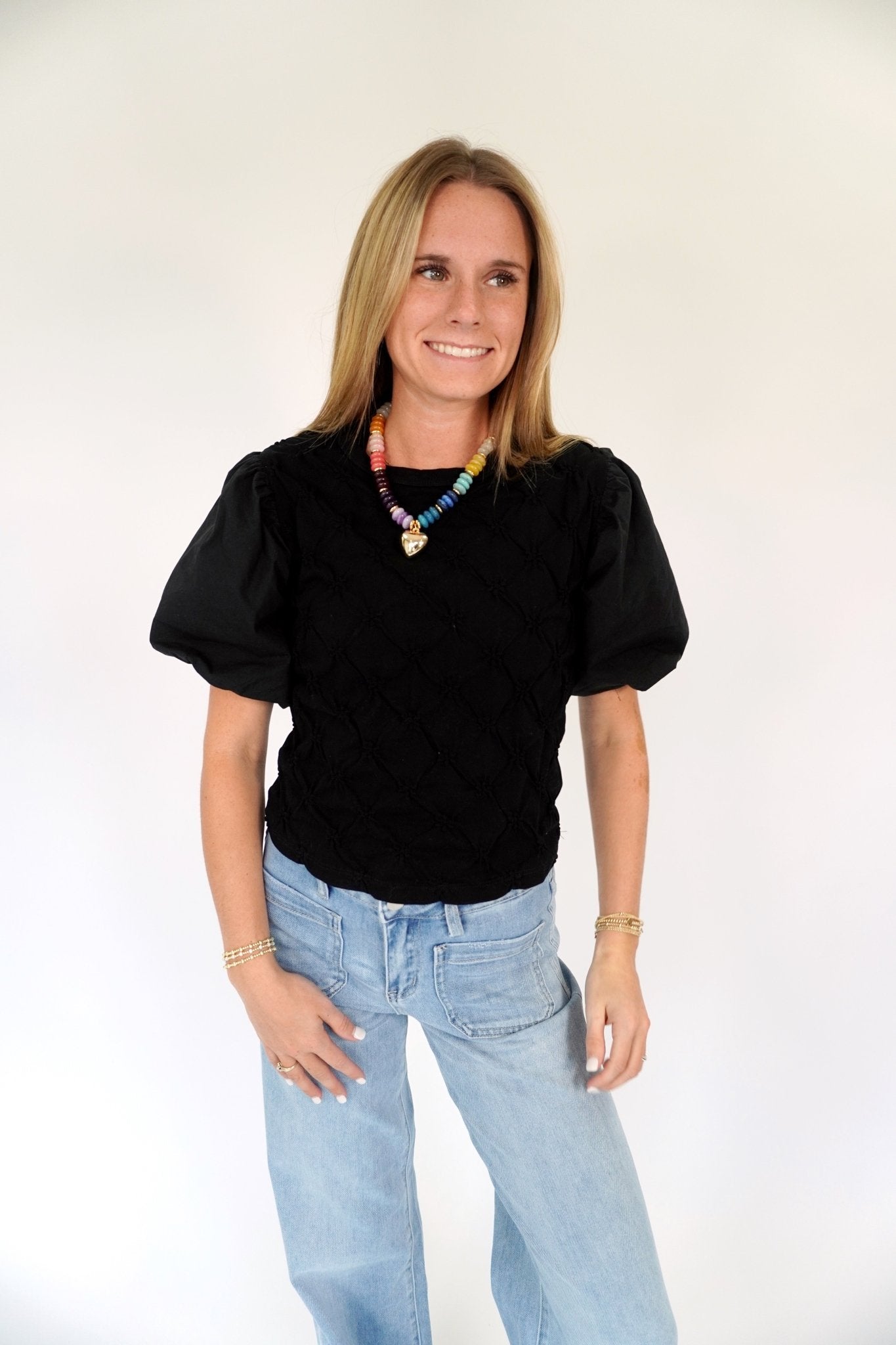 Black Puff Sleeve Textured Top - Anderson Ave boutique