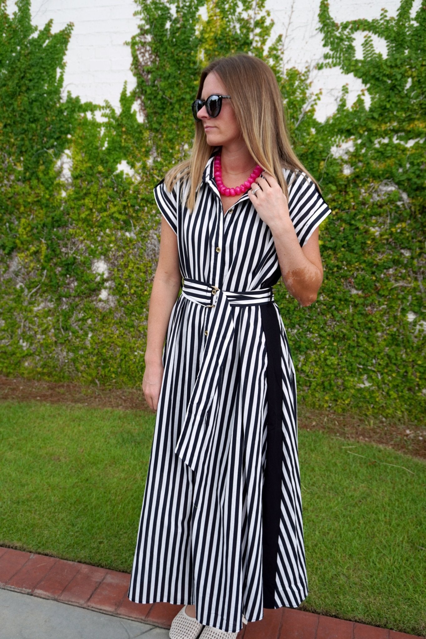 Black Stripe Belted Midi Dress - Anderson Ave boutique