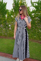 Black Stripe Belted Midi Dress - Anderson Ave boutique