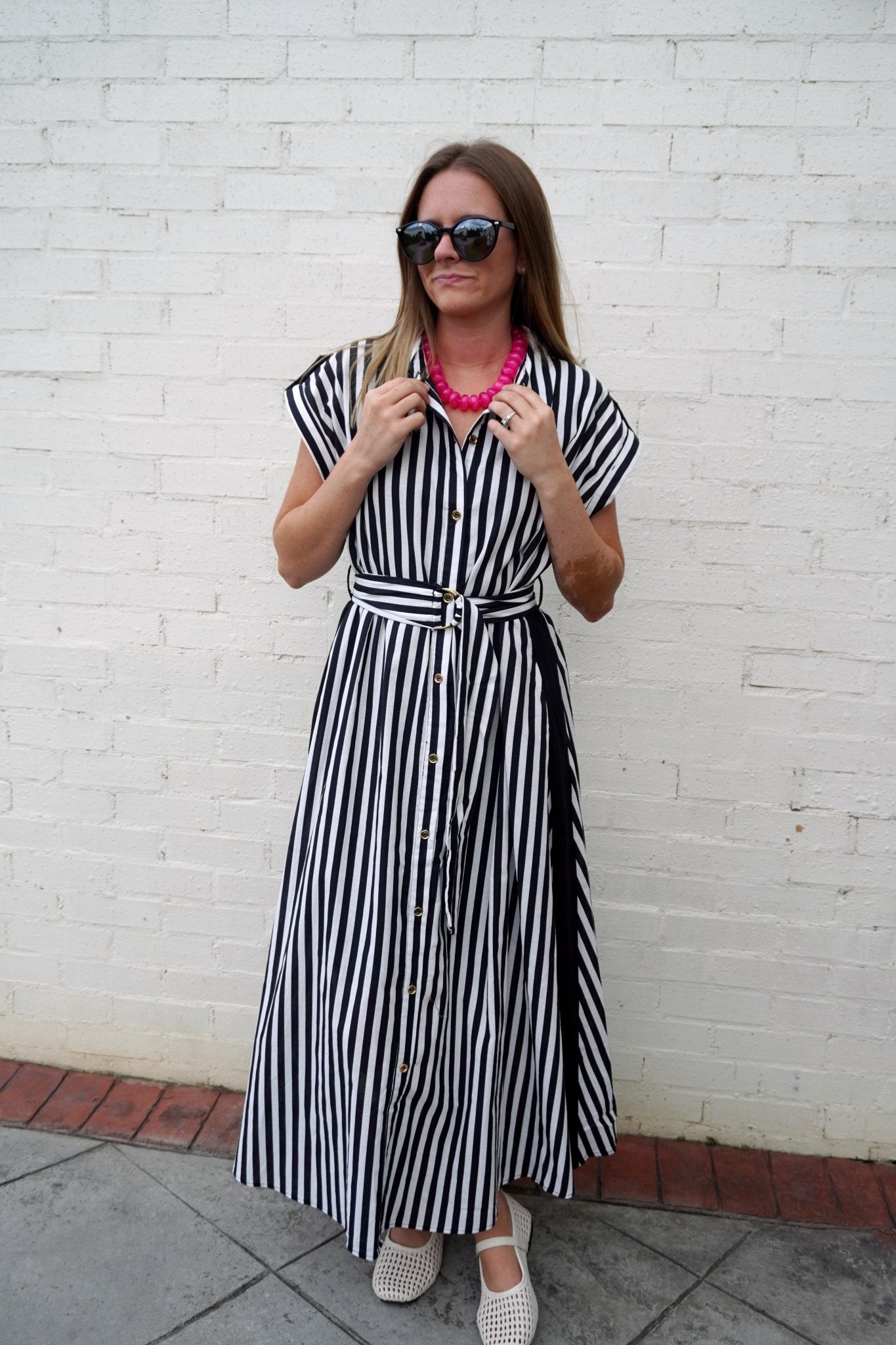 Black Stripe Belted Midi Dress - Anderson Ave boutique