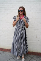 Black Stripe Belted Midi Dress - Anderson Ave boutique