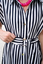Black Stripe Belted Midi Dress - Anderson Ave boutique
