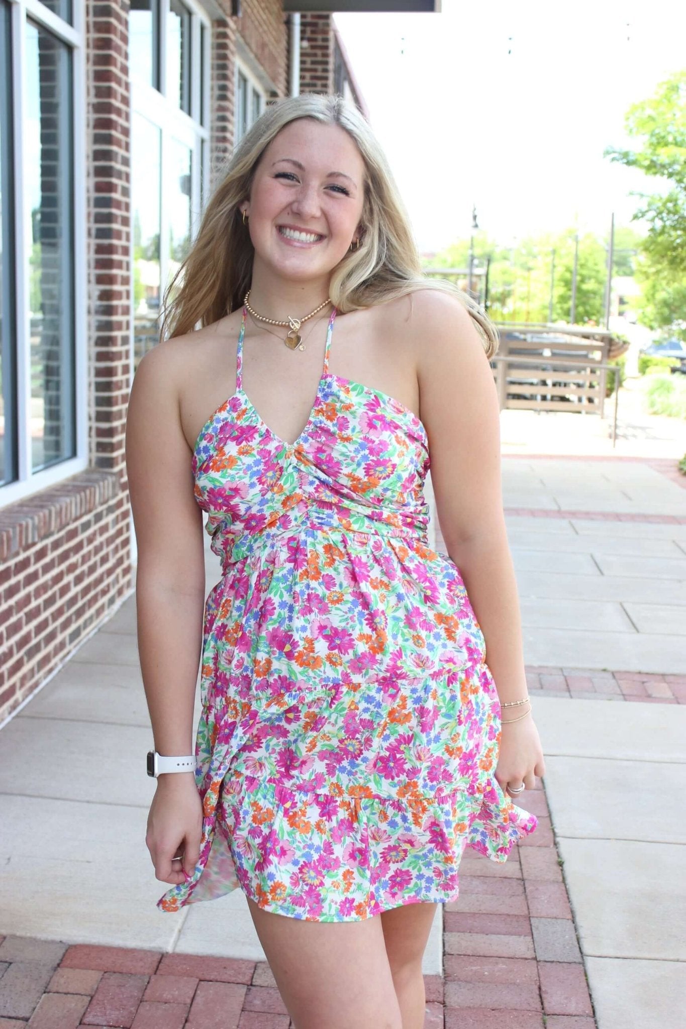 Bloom Vibes Halter Mini Dress – Colorful Floral Print - Anderson Ave boutique