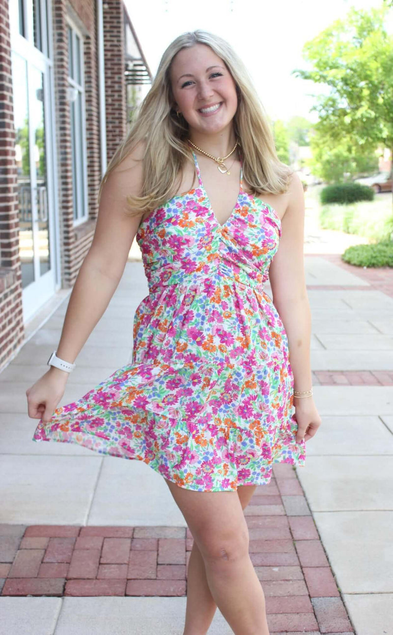 Bloom Vibes Halter Mini Dress – Colorful Floral Print - Anderson Ave boutique