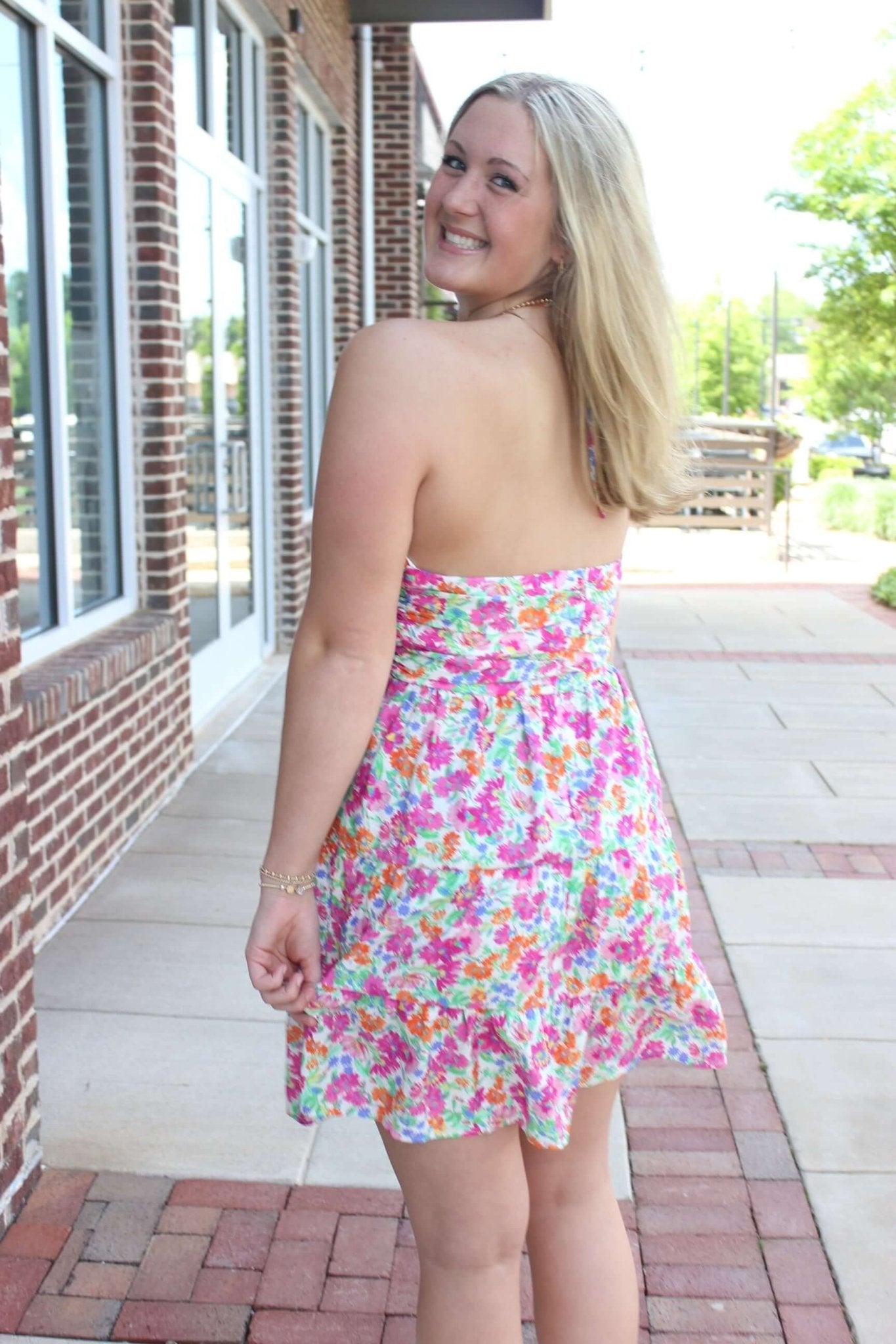 Bloom Vibes Halter Mini Dress – Colorful Floral Print - Anderson Ave boutique