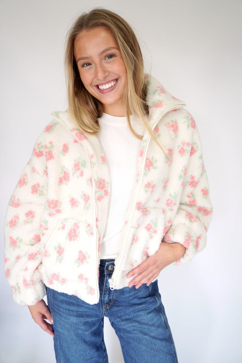 Blossom Cream Floral Sherpa Zip - Up Jacket - Anderson Ave boutique