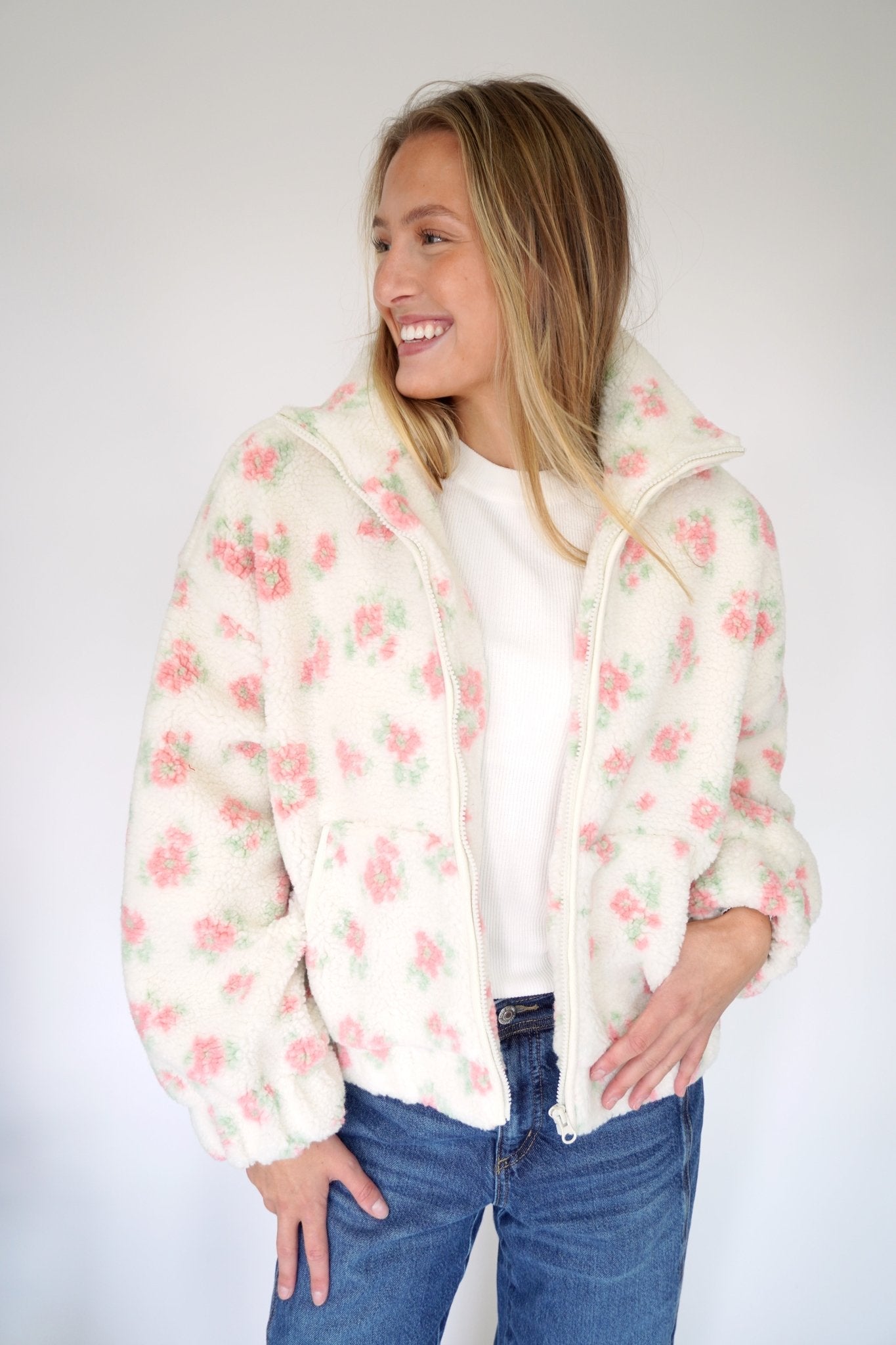 Blossom Cream Floral Sherpa Zip - Up Jacket - Anderson Ave boutique