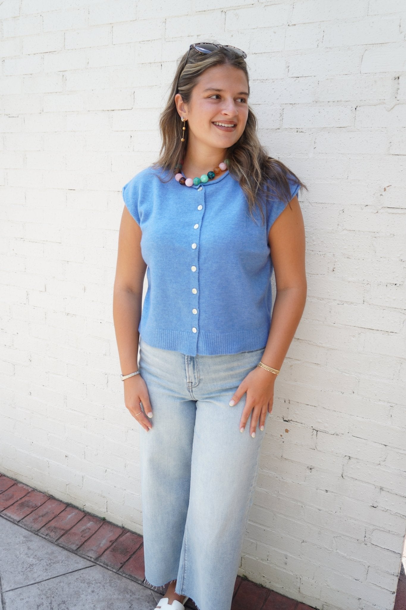 Blue Button Front Sweater Vest - Anderson Ave boutique