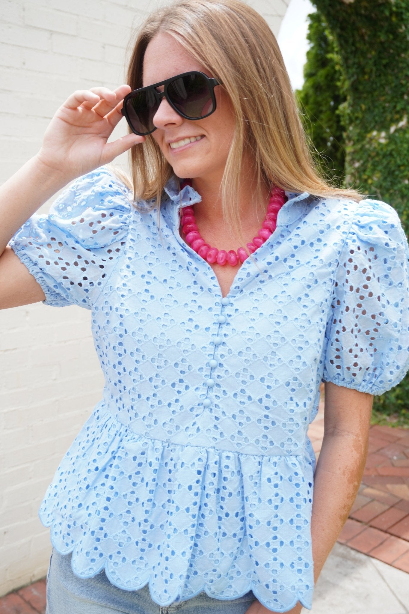 Blue Eyelet Puff Sleeve Cotton Peplum Top - Anderson Ave boutique