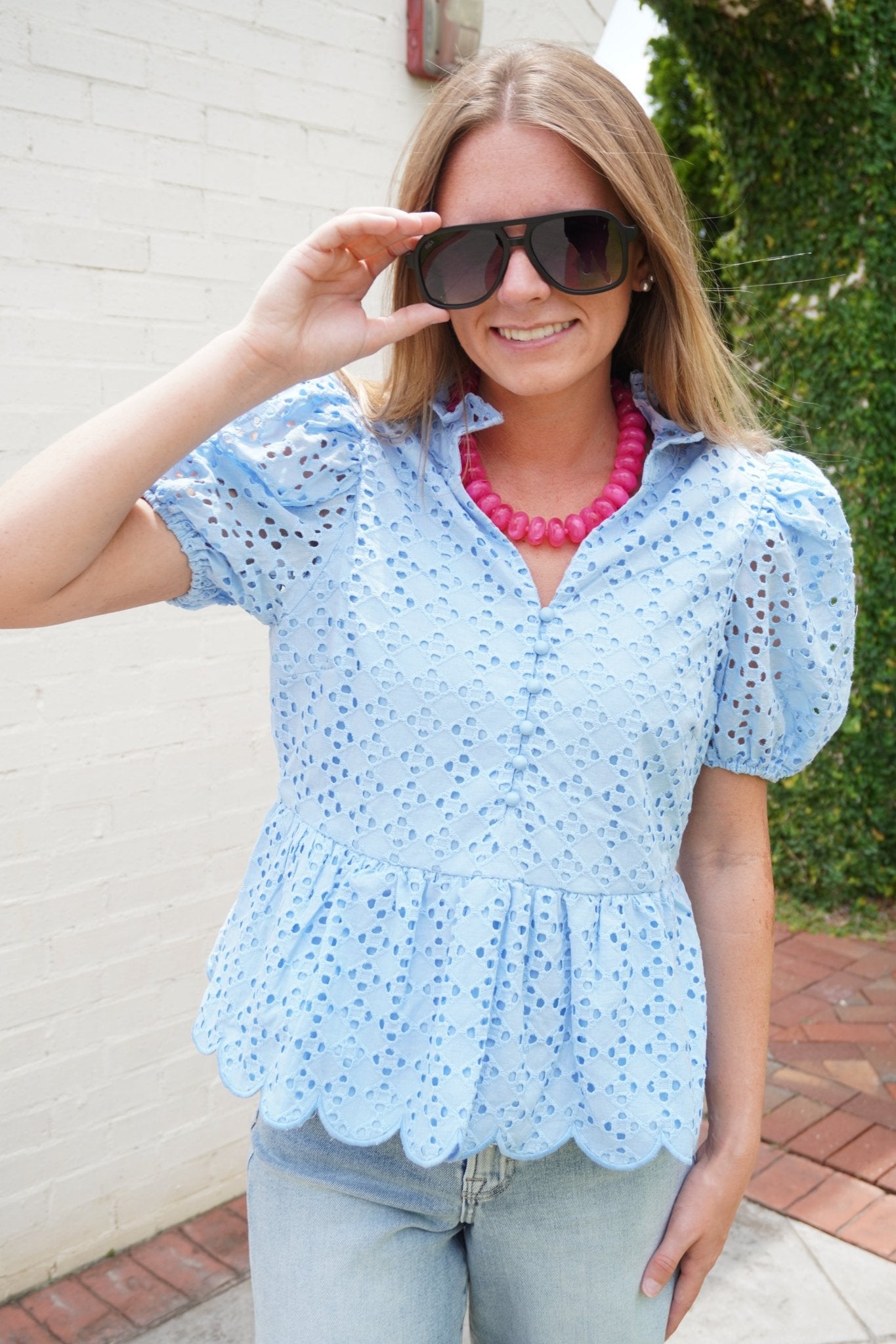 Blue Eyelet Puff Sleeve Cotton Peplum Top - Anderson Ave boutique