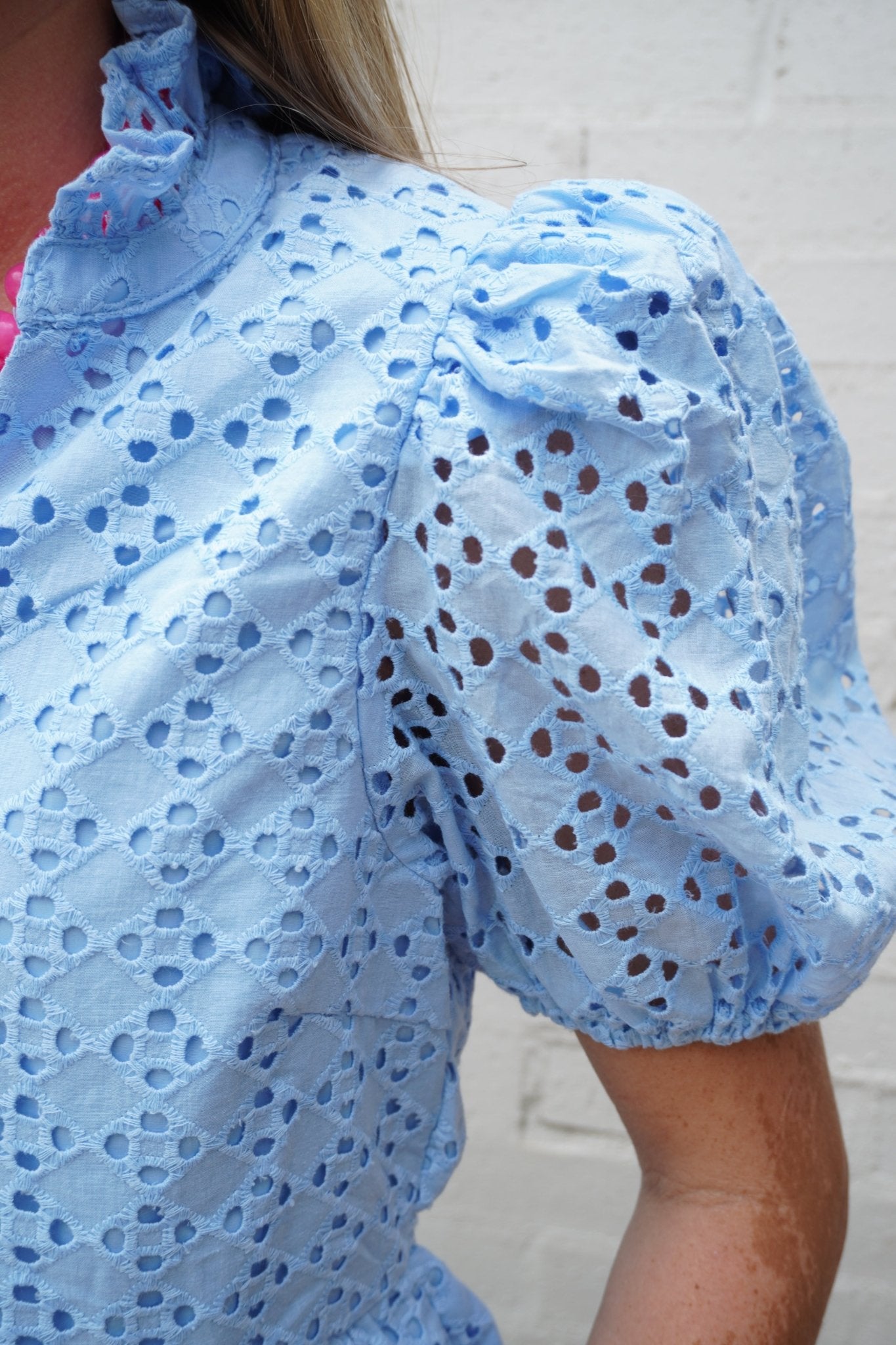 Blue Eyelet Puff Sleeve Cotton Peplum Top - Anderson Ave boutique