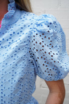 Blue Eyelet Puff Sleeve Cotton Peplum Top - Anderson Ave boutique