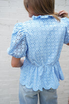 Blue Eyelet Puff Sleeve Cotton Peplum Top - Anderson Ave boutique