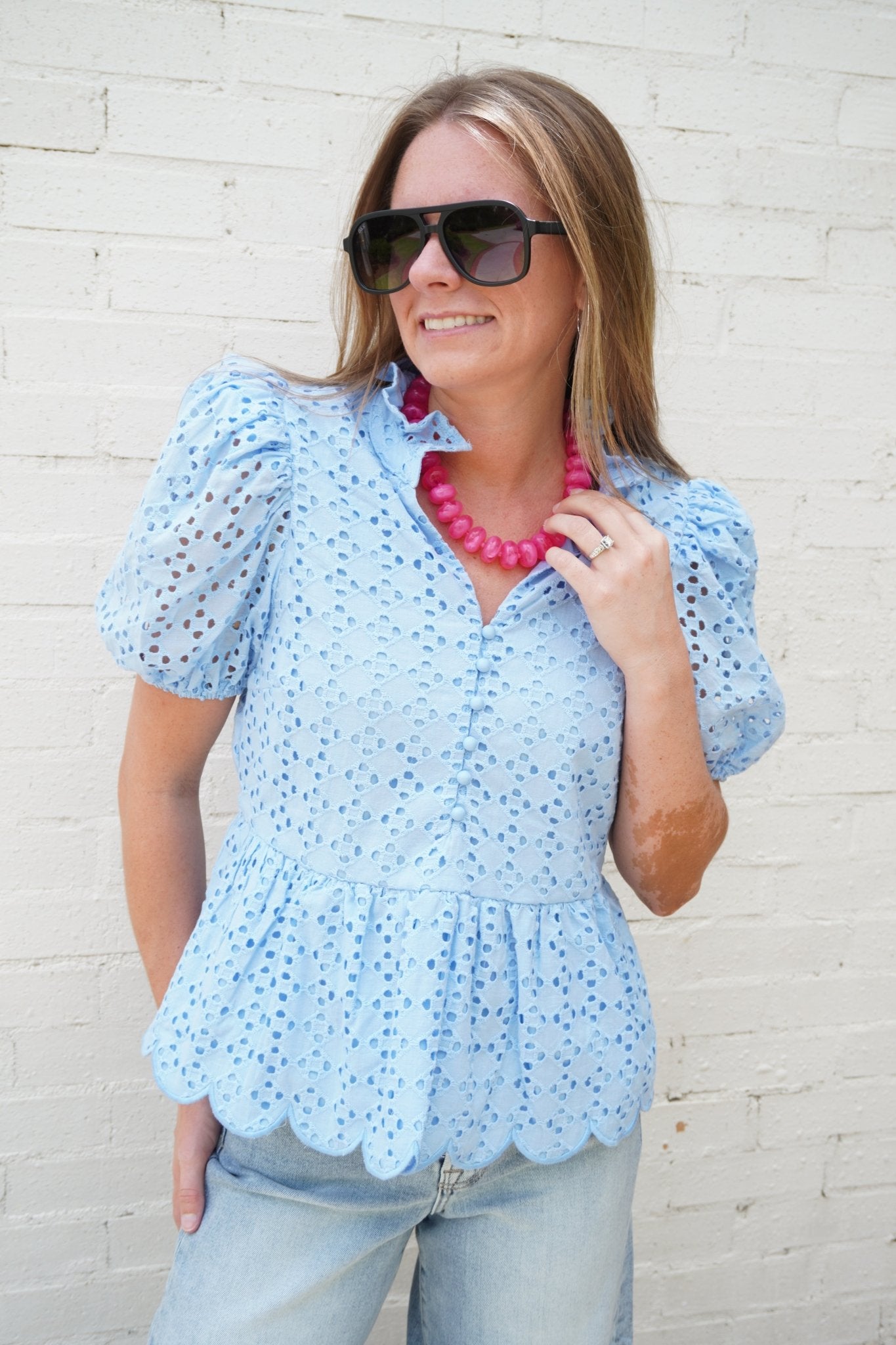 Blue Eyelet Puff Sleeve Cotton Peplum Top - Anderson Ave boutique
