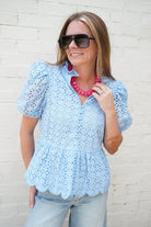 Blue Eyelet Puff Sleeve Cotton Peplum Top - Anderson Ave boutique