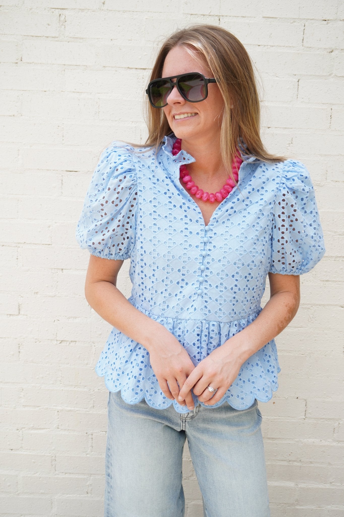 Blue Eyelet Puff Sleeve Cotton Peplum Top - Anderson Ave boutique
