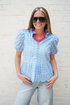 Blue Eyelet Puff Sleeve Cotton Peplum Top - Anderson Ave boutique