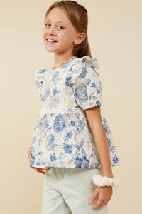Blue Floral Ruffle Sleeve Cotton Top for Tween Girls - Anderson Ave boutique