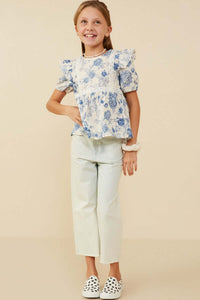Blue Floral Ruffle Sleeve Cotton Top for Tween Girls - Anderson Ave boutique