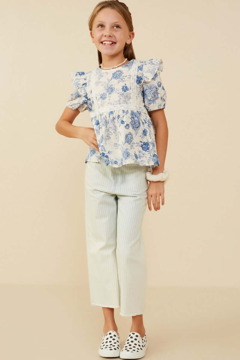 Blue Floral Ruffle Sleeve Cotton Top for Tween Girls - Anderson Ave boutique