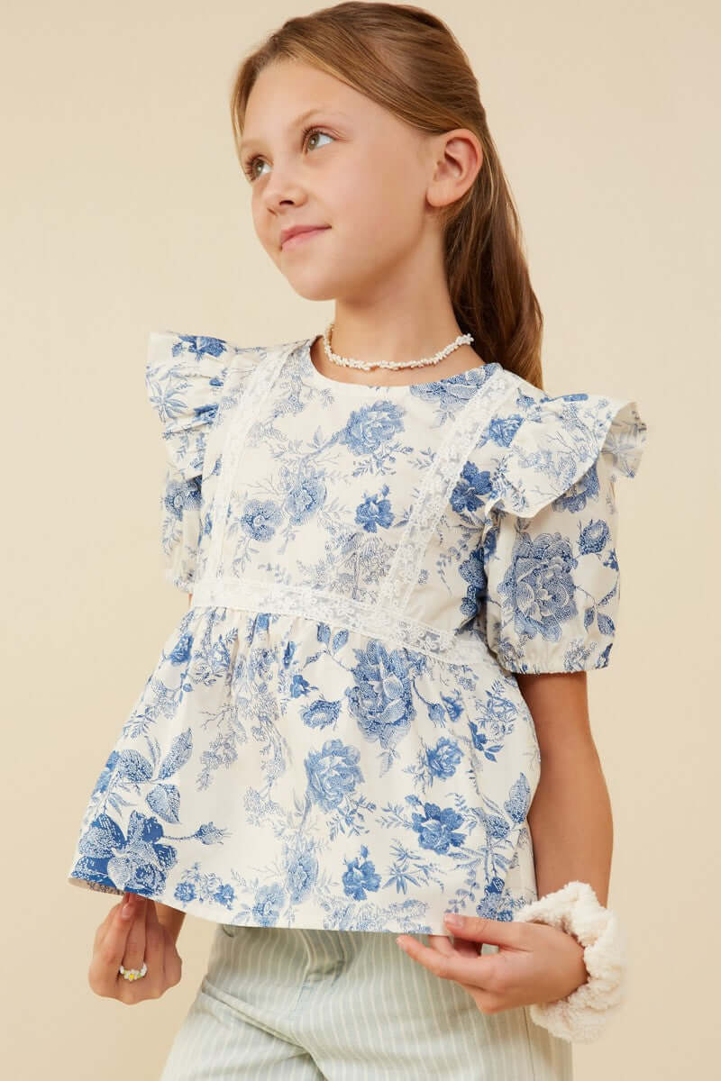 Blue Floral Ruffle Sleeve Cotton Top for Tween Girls - Anderson Ave boutique