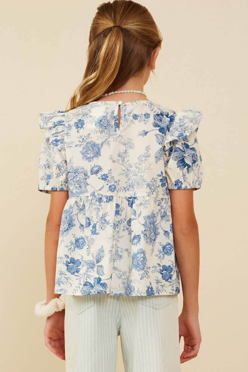 Blue Floral Ruffle Sleeve Cotton Top for Tween Girls - Anderson Ave boutique
